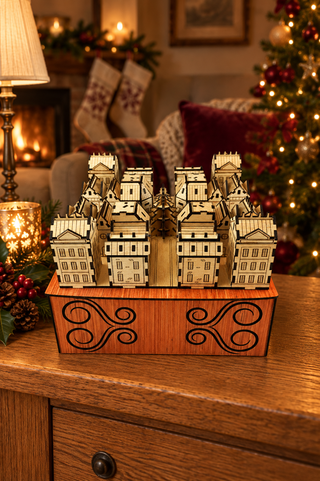 Light wood Advent Village styled in a warmly decorated Christmas room.