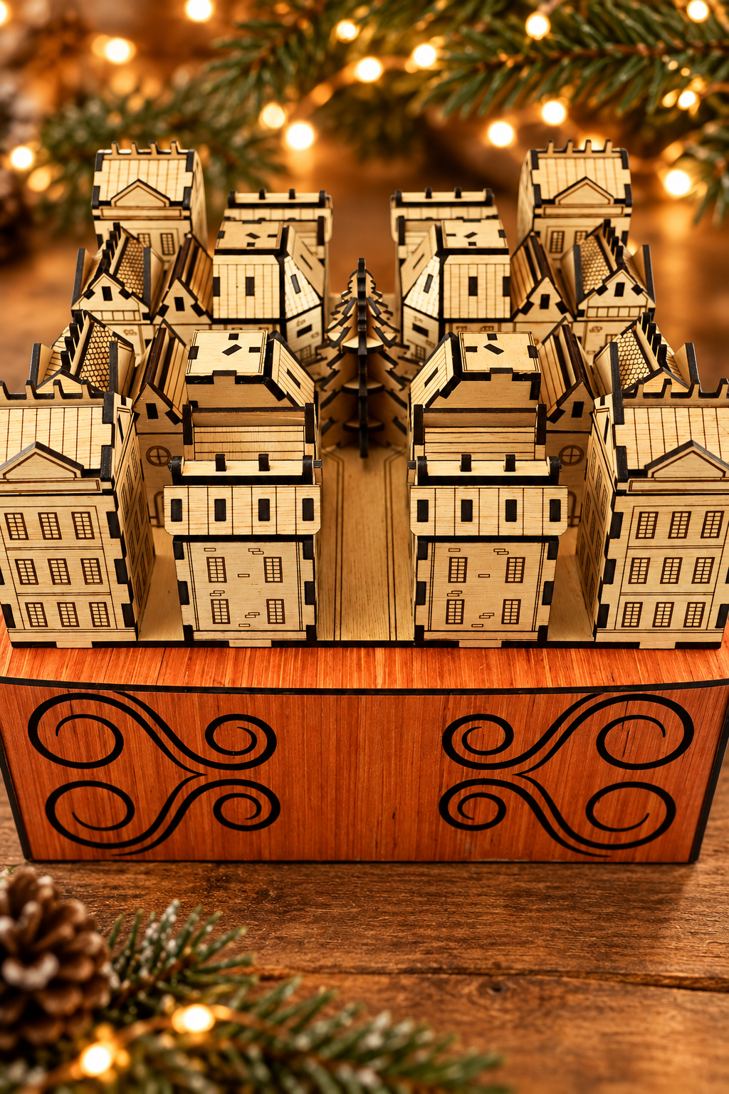 Close-up of the light wood Advent Village houses, showing engraved details and dark laser-cut edges in a Christmas setting.