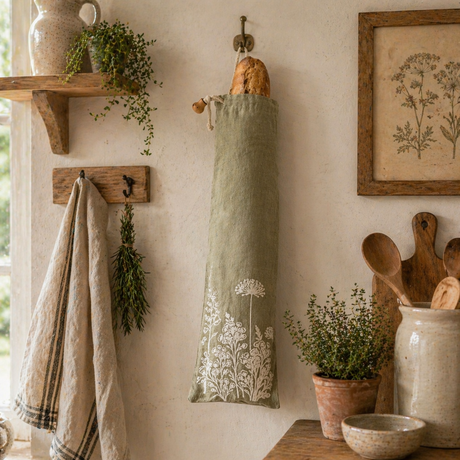 Sage green linen bread bag for French stick hanging on wall