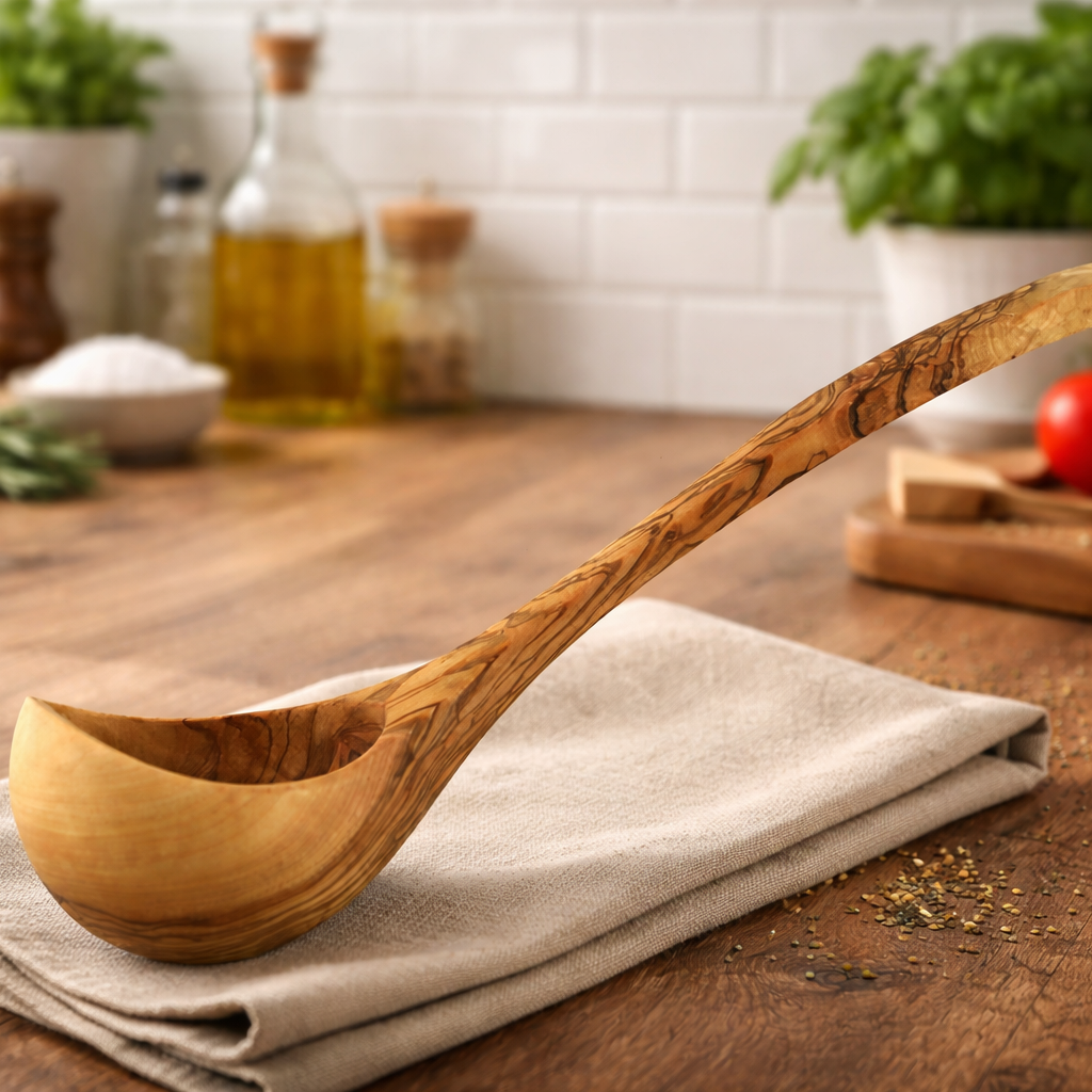 Olive Wood Ladle – Wooden Serving & Cooking Spoon (30cm) with Optional Personalised Engraving