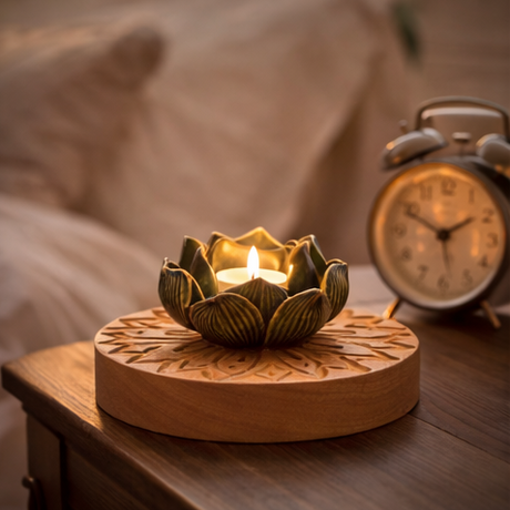 lotus flower candle holder with wooden base