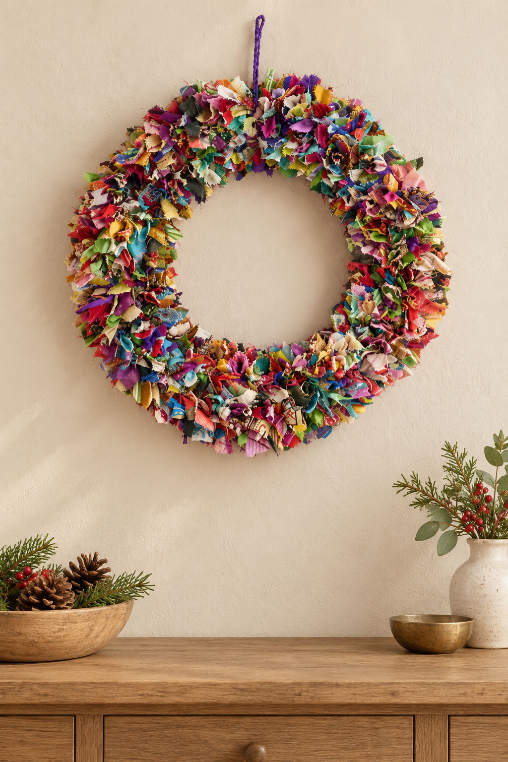 Colourful handmade sari wreath displayed on a wall