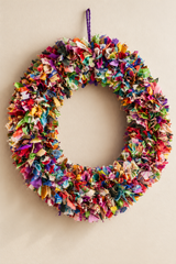 Close-up of mixed patterned recycled textiles in a sari wreath