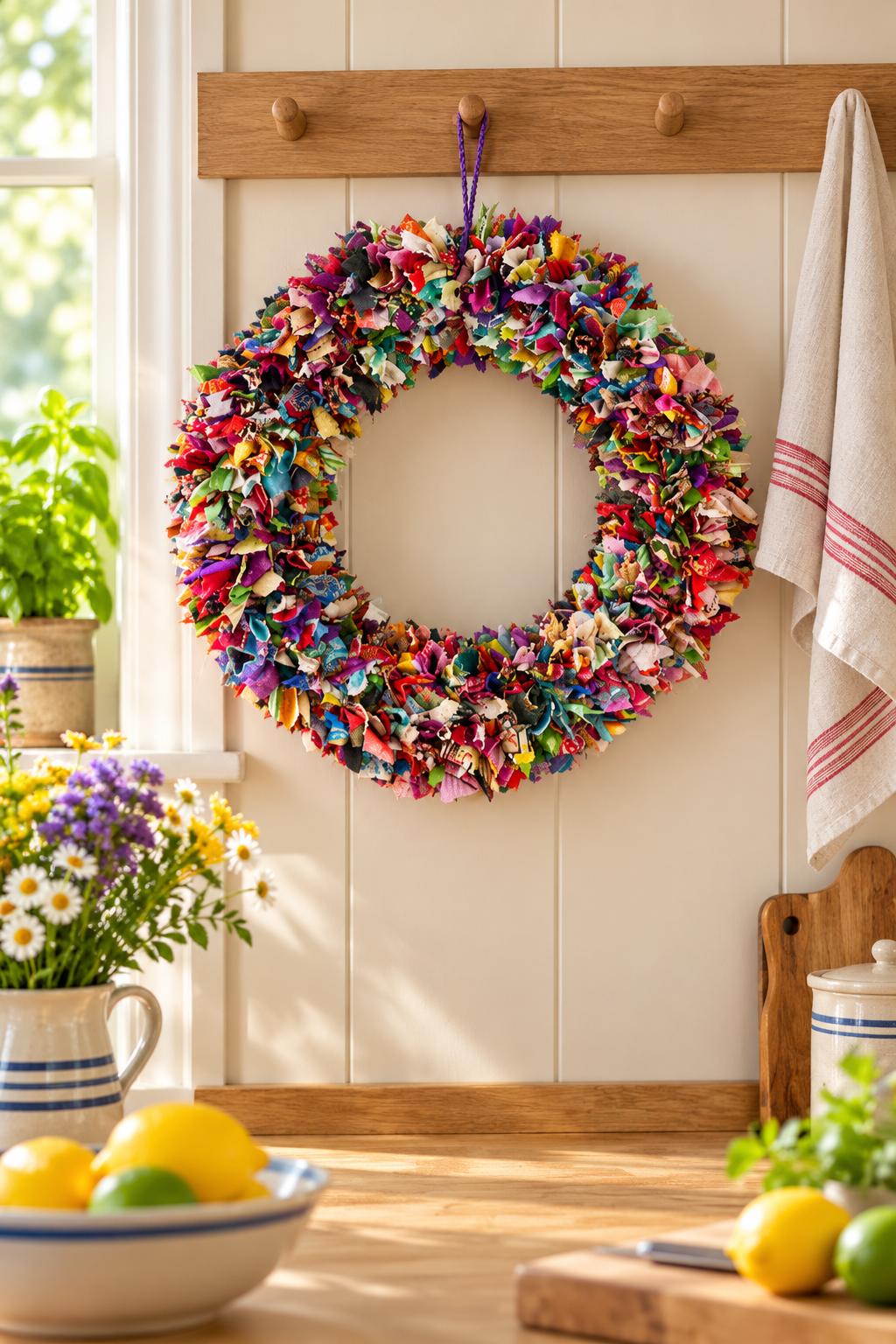 Large multicolour sari wreath on a kitchen peg rail