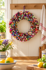 Large multicolour sari wreath on a kitchen peg rail