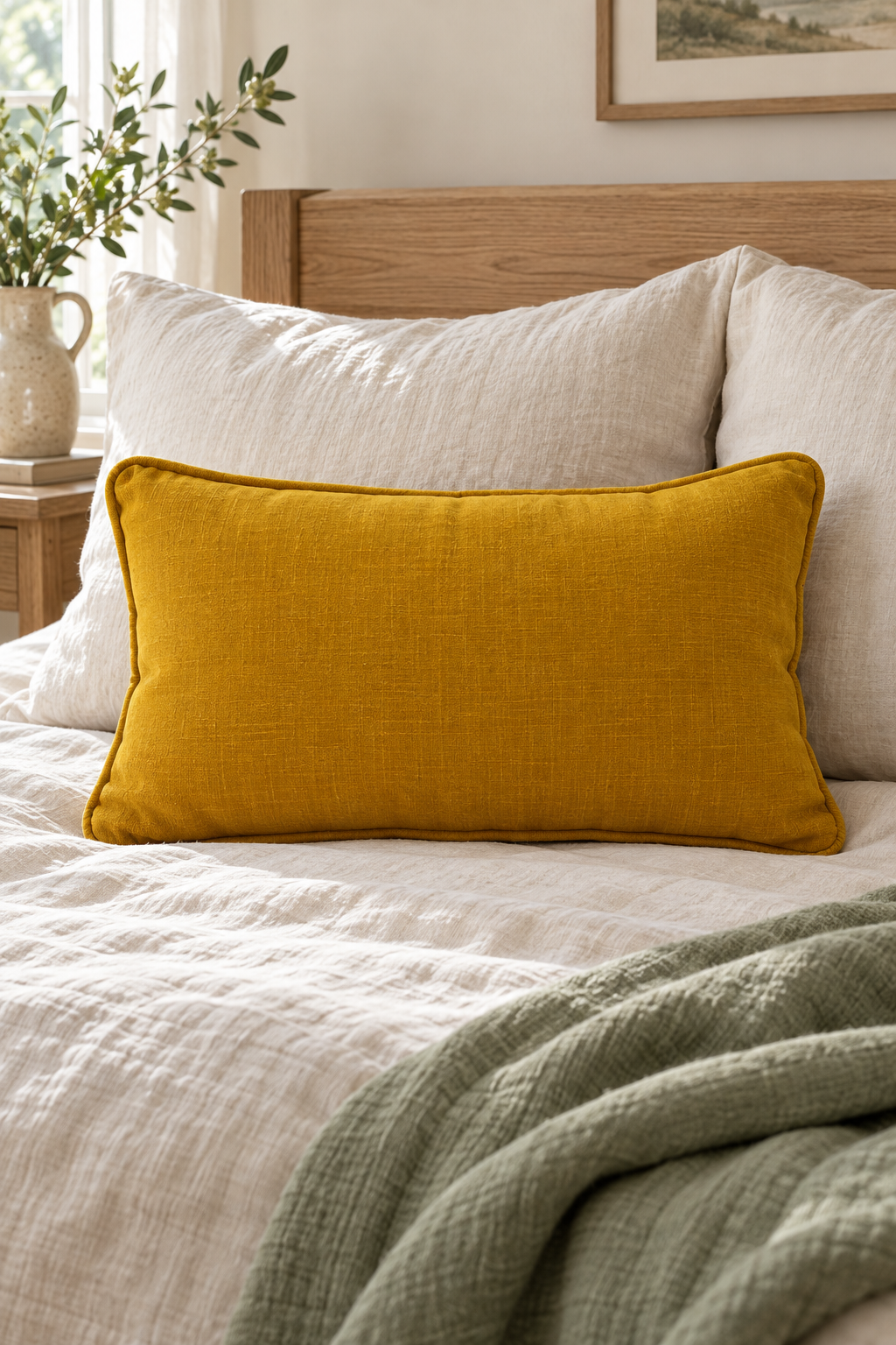 A mustard yellow rectangular linen lumbar pillow with piped edges resting on a bed with white textured bedding, cream pillows, a wooden headboard, and a sage green throw blanket.