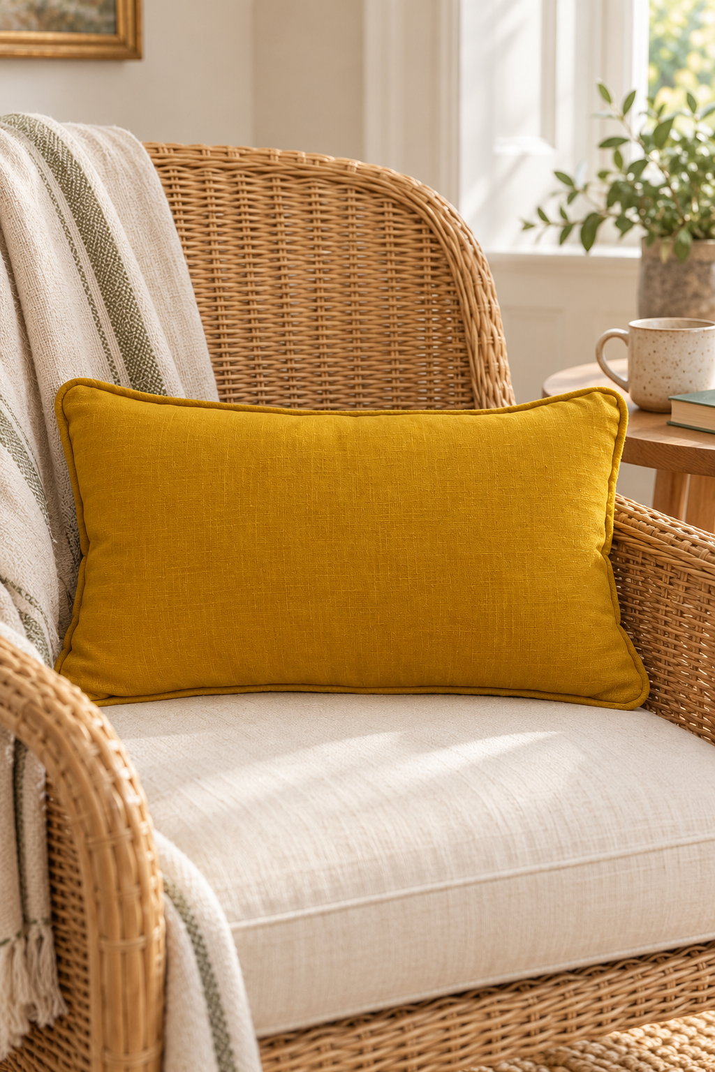 A rectangular mustard yellow linen pillow resting on a woven rattan armchair with a cream cushion and a striped throw blanket, in a softly lit indoor setting.
