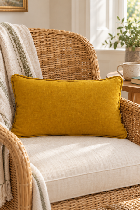A rectangular mustard yellow linen pillow resting on a woven rattan armchair with a cream cushion and a striped throw blanket, in a softly lit indoor setting.