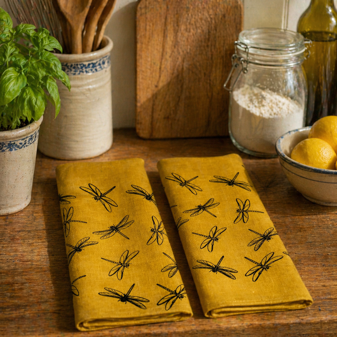 Yellow linen tea towels with black dragonfly patterns on a wooden kitchen counter with utensils and ingredients.