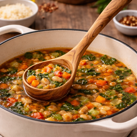 Vegetable soup in a pot with a wooden spoon, surrounded by small bowls of ingredients on a wooden surface.