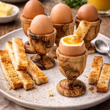Eggs in wooden cups with toast on a plate