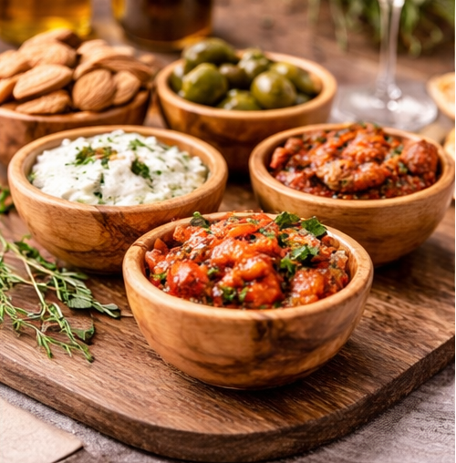 Wooden bowls with various appetizers on a wooden board