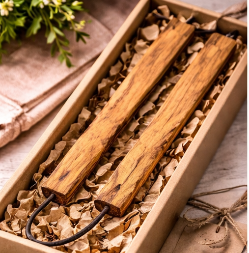Two wooden sticks with a black cord in a box with brown tissue paper, on a light wooden surface.