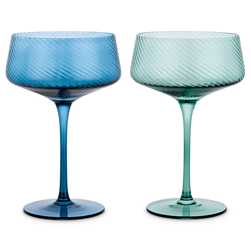 one Blue and one green twist glass champagne coupe