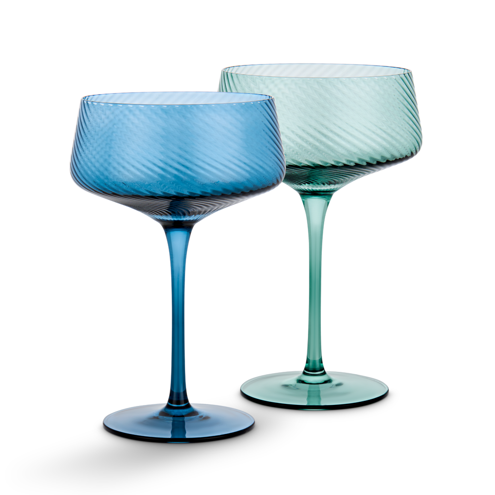 one Blue and one green twist glass champagne coupe