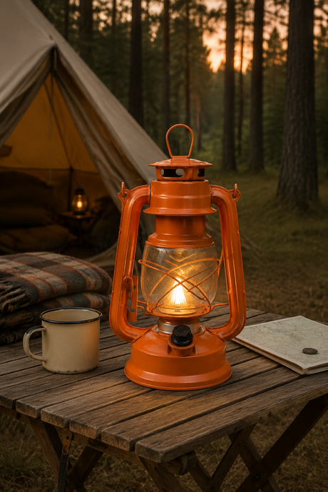 A glowing orange vintage-style lantern sits on a wooden camping table beside a metal mug and a notebook, with a tent and forest visible in the background at sunset.