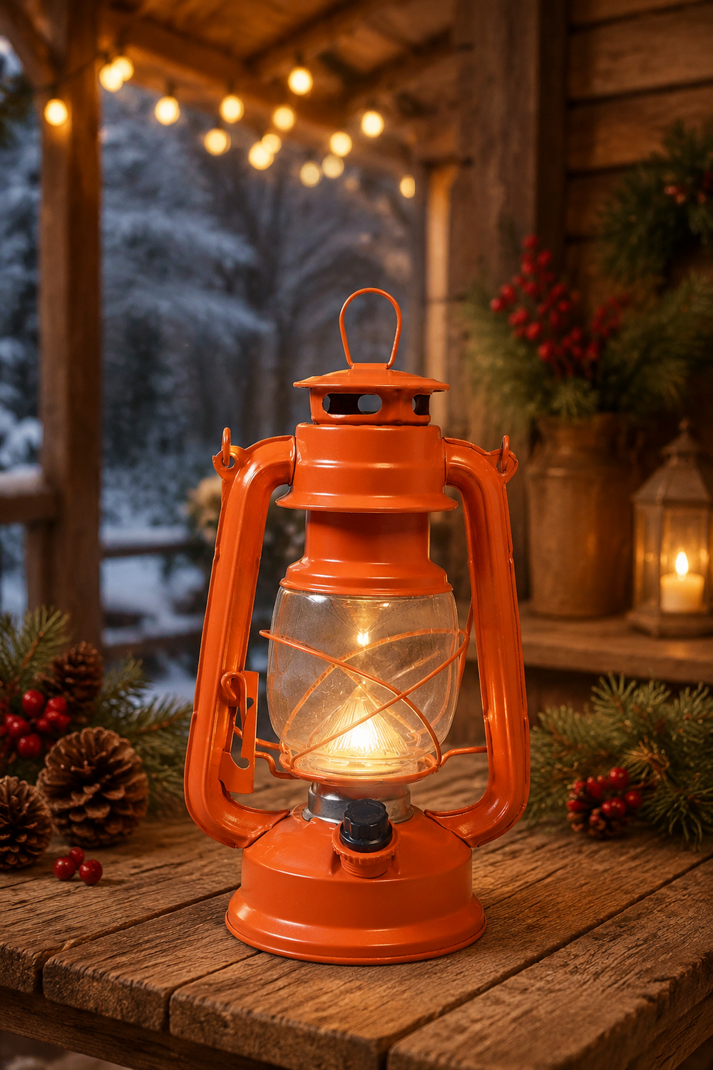 An orange vintage-style lantern with a glowing warm light inside, placed on a rustic wooden table in a cozy cabin setting with pine branches, berries, and string lights in the background.