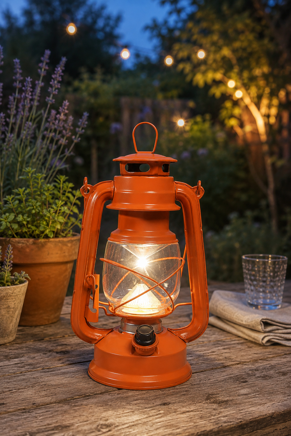 An orange vintage-style lantern with a lit glass bulb sits on a rustic wooden table outdoors at dusk, surrounded by potted plants, string lights, and a glass cup.