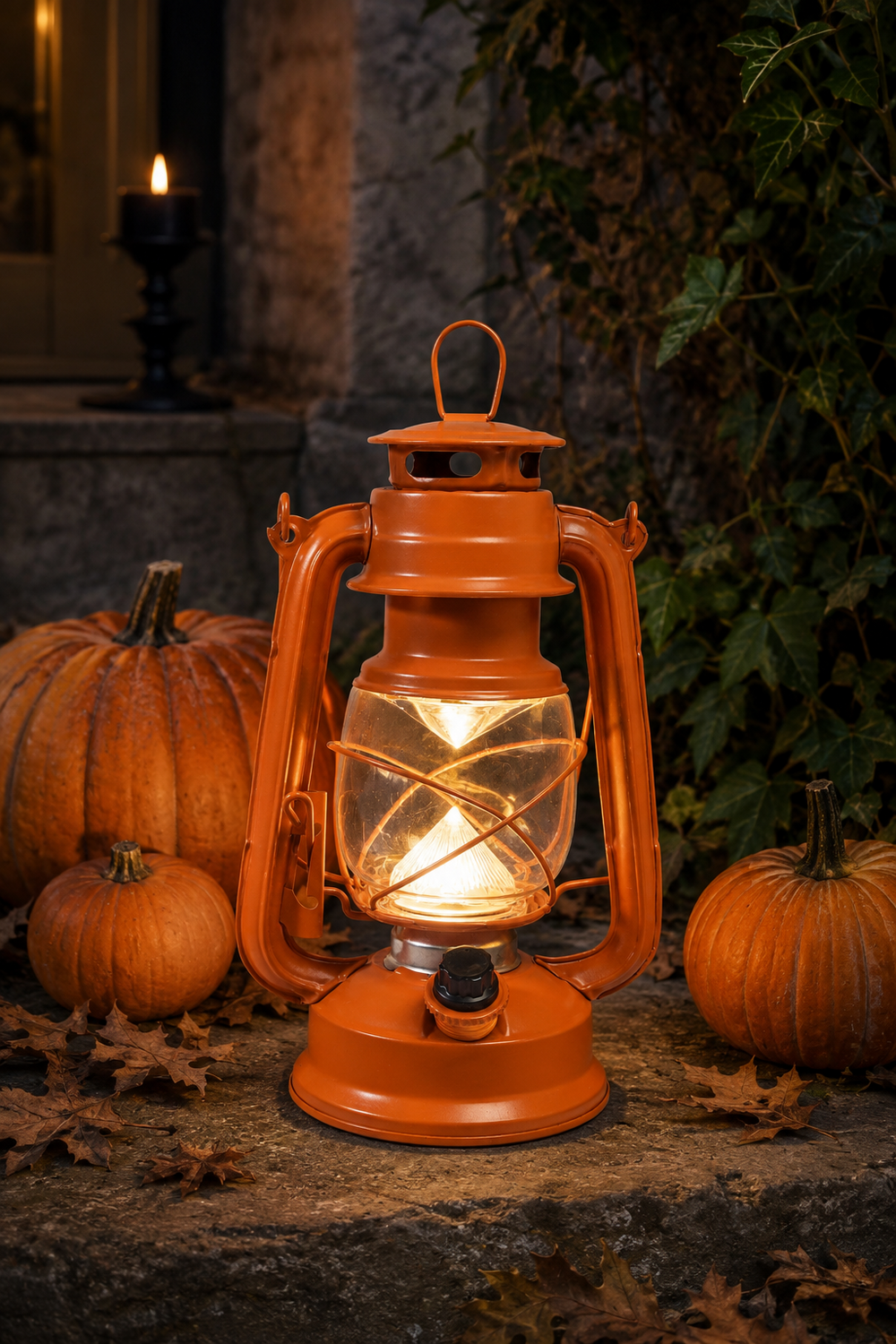 An orange lantern with a glowing warm light inside, styled on a stone surface with pumpkins and autumn leaves in an outdoor garden setting.