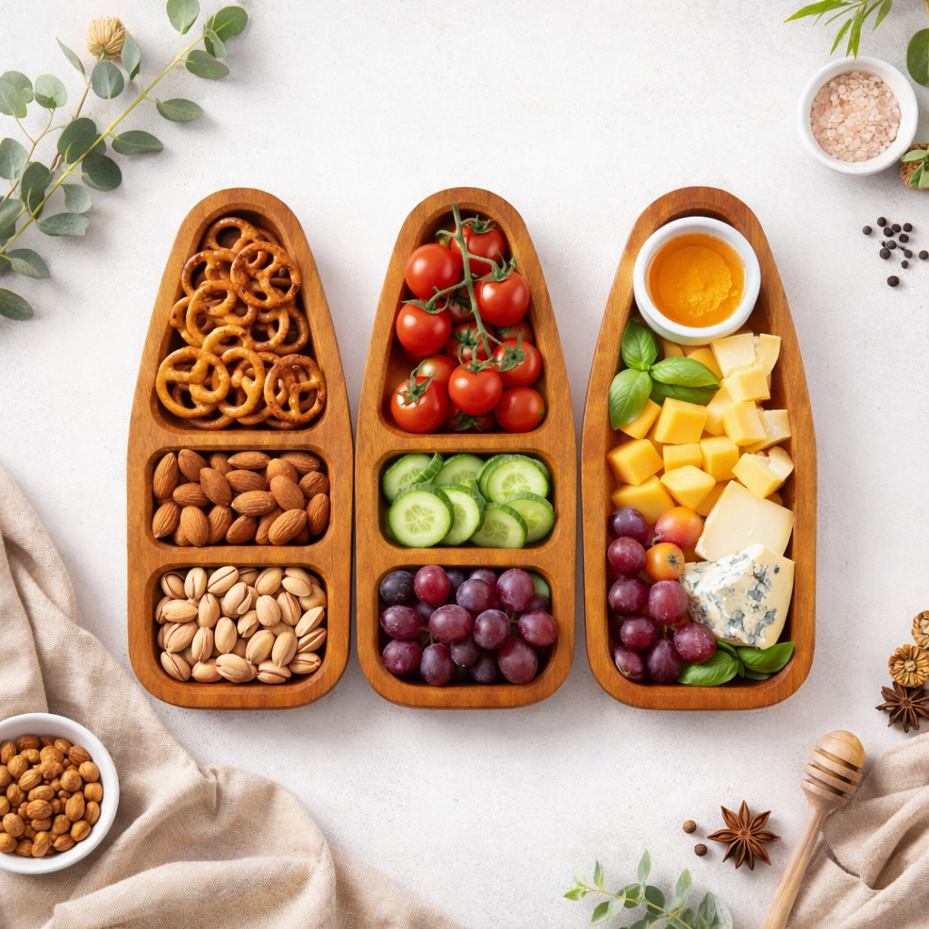 Three wooden snack platters with pretzels, fruits, vegetables, and cheese on a white surface.