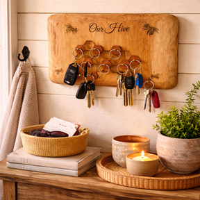 Wooden key holder with keys on a wall above a wooden surface with a basket, books, and plants.