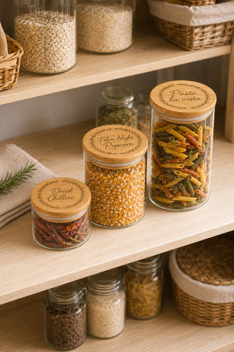 A set of clear glass spice jars with light wood lids arranged on light wood shelves, containing dried herbs, grains, and pasta. The lids are labeled with Laser engrave names like 'Cumin Seeds', 'Pumpkin Seeds', and 'Pasta de la viña'.