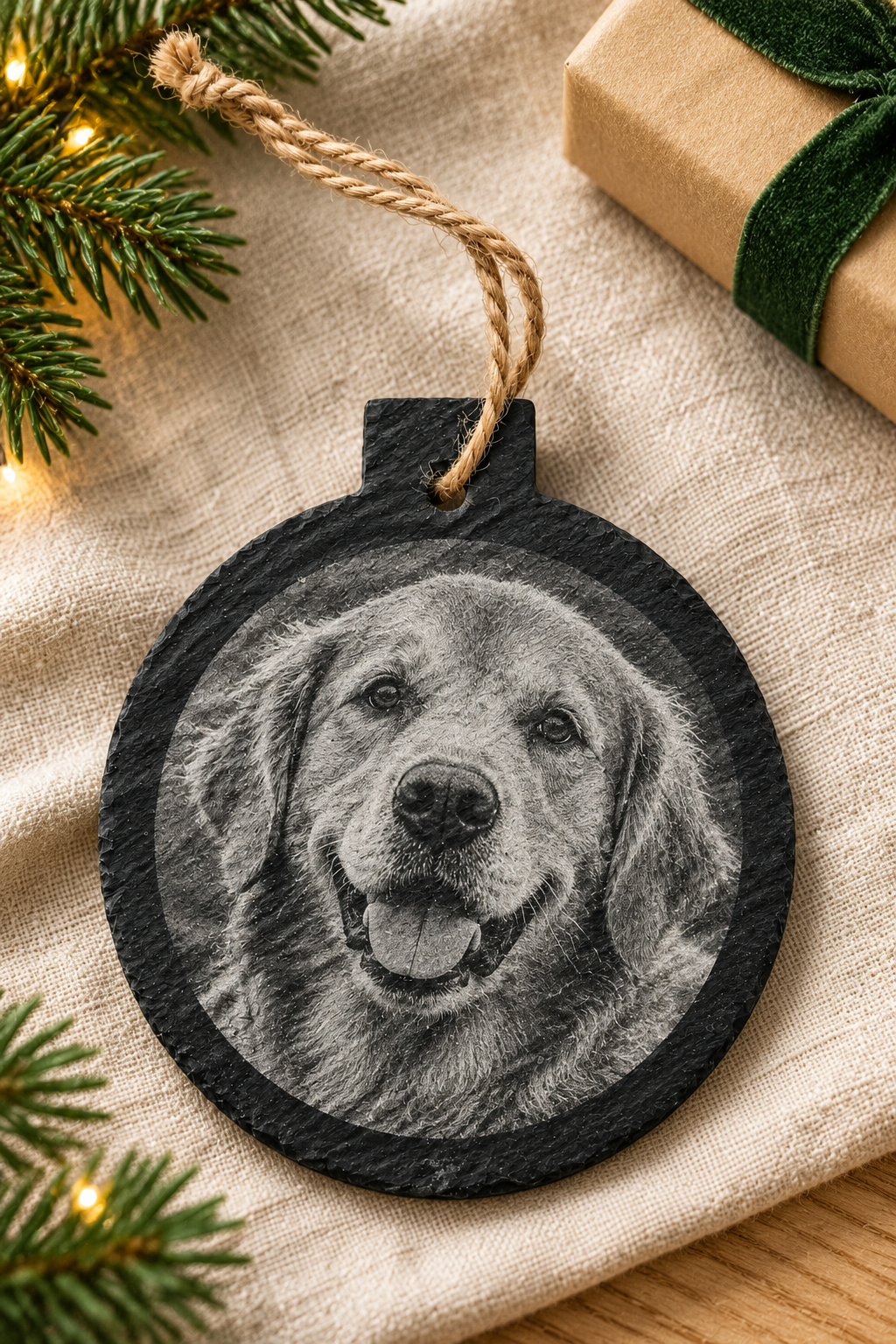 Slate Christmas bauble with an engraved golden retriever photograph, resting on natural linen beside a wrapped gift.