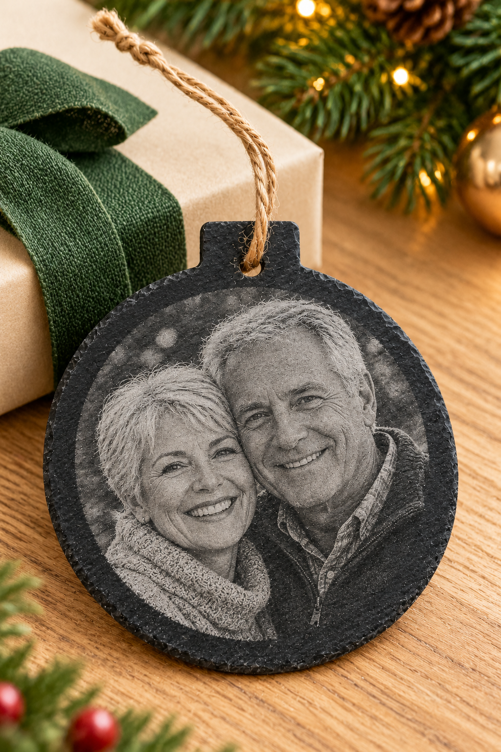 Slate Christmas bauble with an engraved photograph of an older couple, displayed on an oak table beside a Christmas gift.