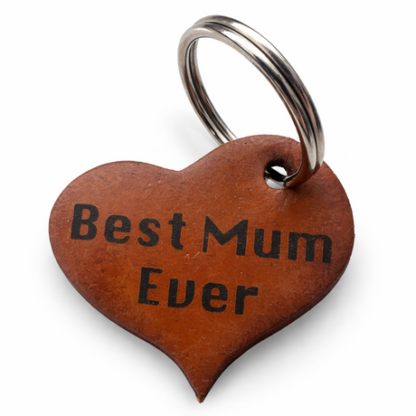 Heart-shaped leather keychain with 'Best Mum Ever' engraving on a white background