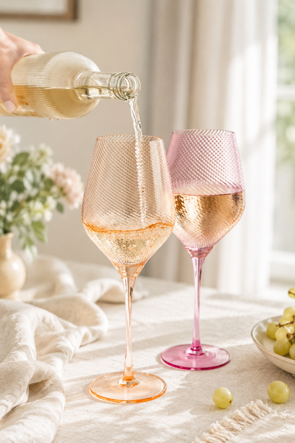 Person pouring white wine into two pink and peach wine glasses on a table with a soft, blurred background.