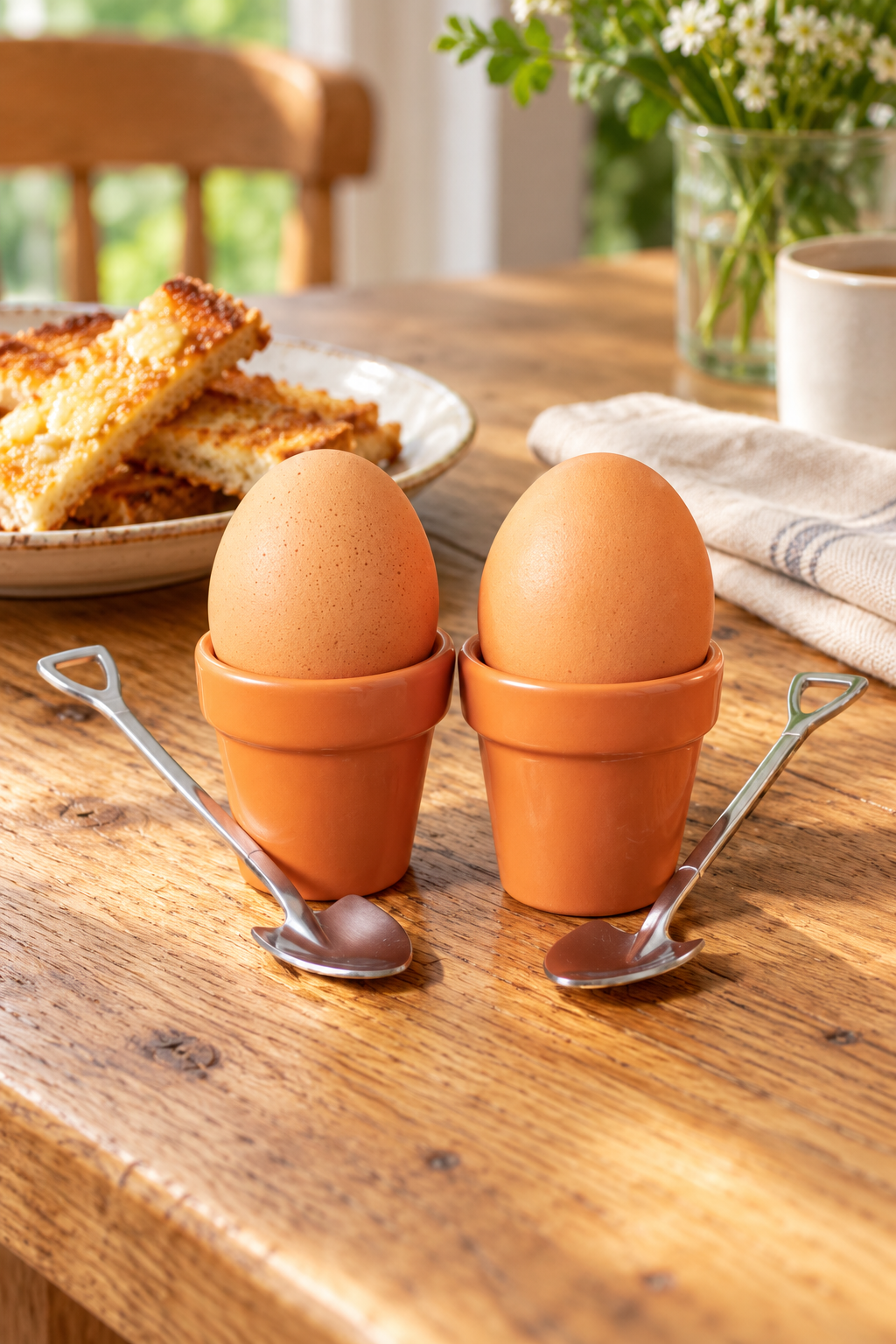 Two orange plant pot egg cups holding eggs with shovel spoons on a breakfast table