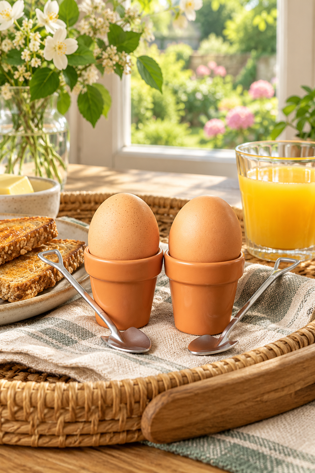 Plant pot egg cup set with eggs and shovel spoons on a breakfast tray
