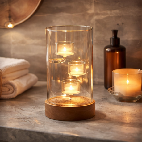 glass candle holder with wooden base 