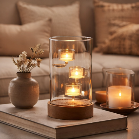 glass candle holder with wooden base 