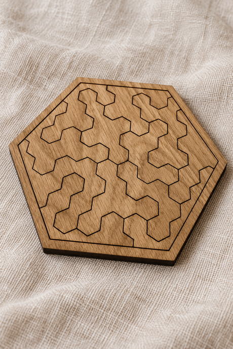 Close-up of the assembled Pocket Hex puzzle on linen, showing geometric pieces, oak veneer and a thin dark edge.