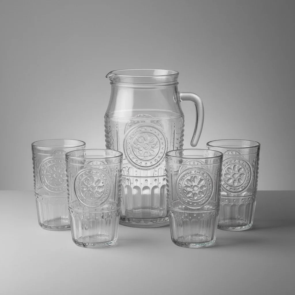 Set of clear glass pitcher and tumblers with embossed designs on a gray background
