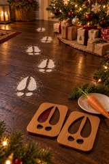 Snowy reindeer hoof-print trail leading towards a decorated Christmas tree, with the wooden stencils beside it.