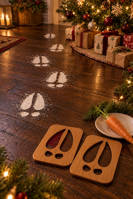 Snowy reindeer hoof-print trail leading towards a decorated Christmas tree, with the wooden stencils beside it.