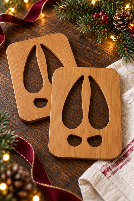 Pair of reusable wooden reindeer hoof stencils styled with festive greenery and ribbon for Christmas Eve.