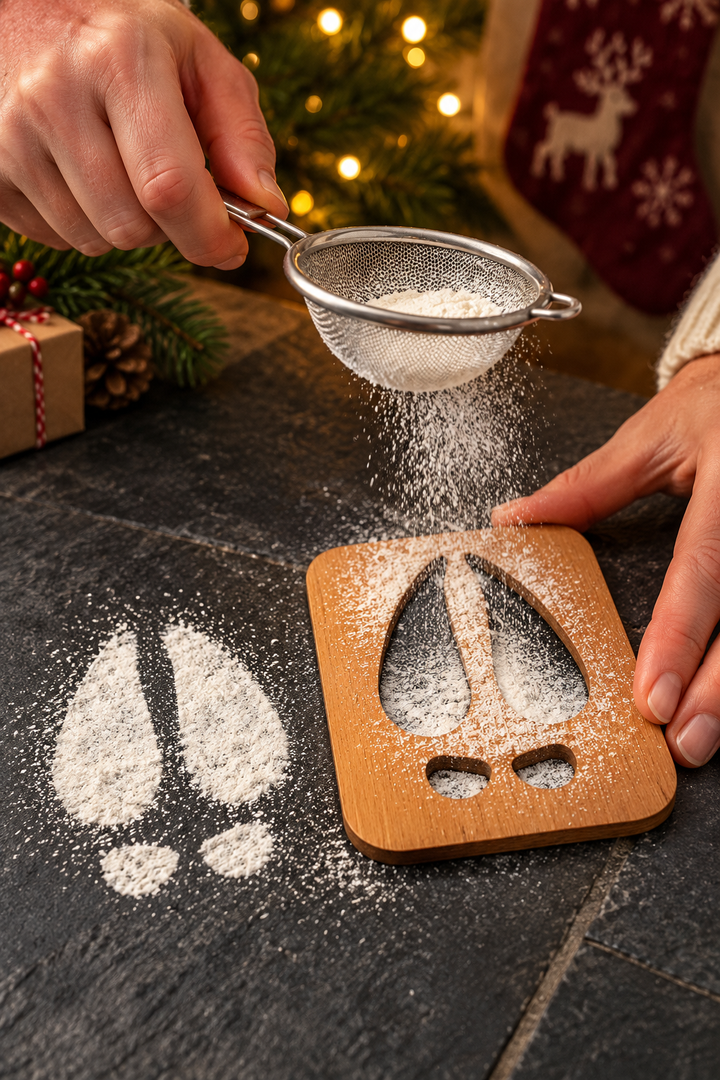 Lightly sifting white powder through a wooden reindeer hoof stencil to make a Christmas Eve print.