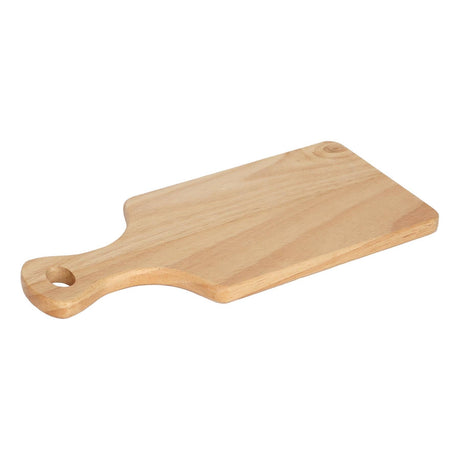Angled view of the blank 34 × 16cm rubberwood handled board on white, showing the natural grain, slim edge and rounded handle.
