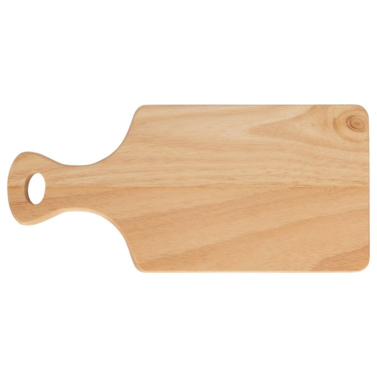 Front view of the blank 34 × 16cm rubberwood chopping and serving board on white, showing its rectangular surface, curved handle and hanging hole.