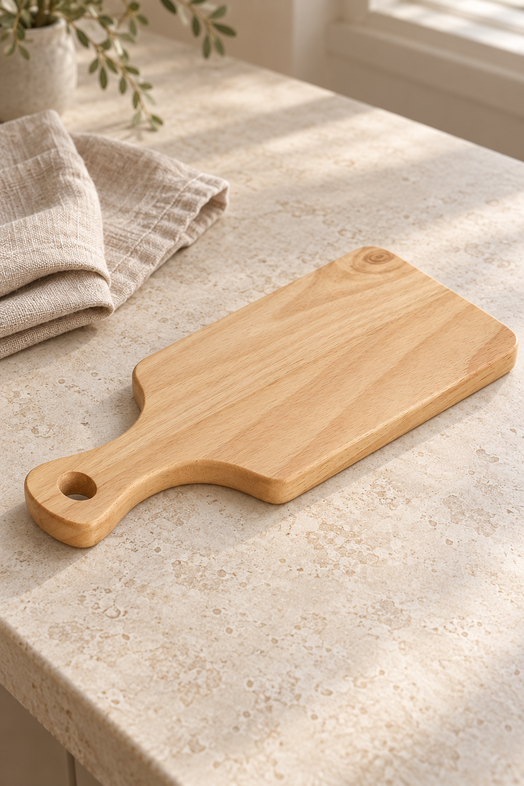 Blank 34 × 16cm rubberwood chopping and serving board with a carved handle and hanging hole, resting on a pale kitchen worktop.
