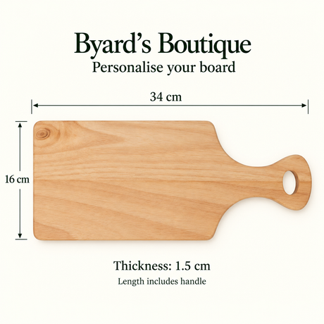 Blank rubberwood handled board with a dimension guide: 34cm overall length including handle, 16cm width and 1.5cm thickness.