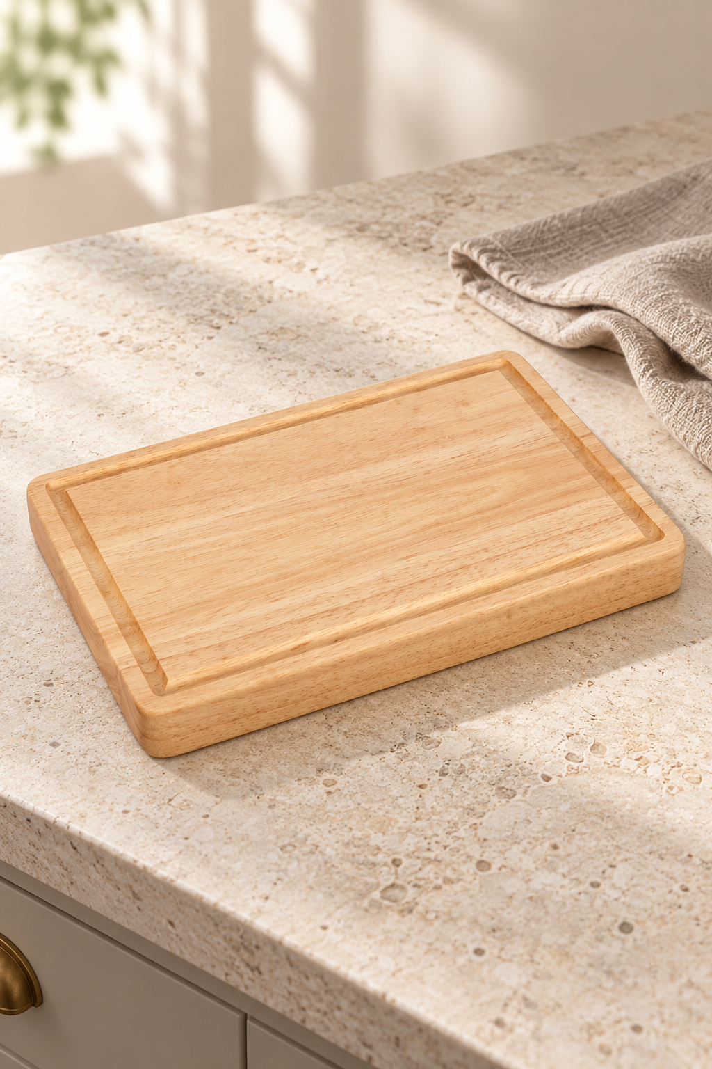 Blank 30 × 20cm rubberwood butcher’s block with a juice groove and natural wood grain on a pale kitchen worktop beside a linen cloth.