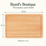 Front view of the blank rubberwood butcher’s block showing its 30cm width, 20cm depth, 3cm thickness and juice groove.