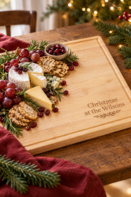 60 × 40cm rubberwood butcher’s block engraved “Christmas at the Wilsons”, with cheese, crackers and grapes beside fir branches.