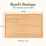 Front view of the blank rubberwood butcher’s block showing its 60cm width, 40cm depth, 3cm thickness and recessed border.