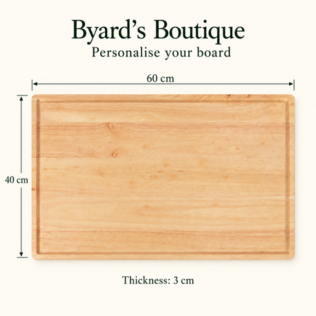 Front view of the blank rubberwood butcher’s block showing its 60cm width, 40cm depth, 3cm thickness and recessed border.