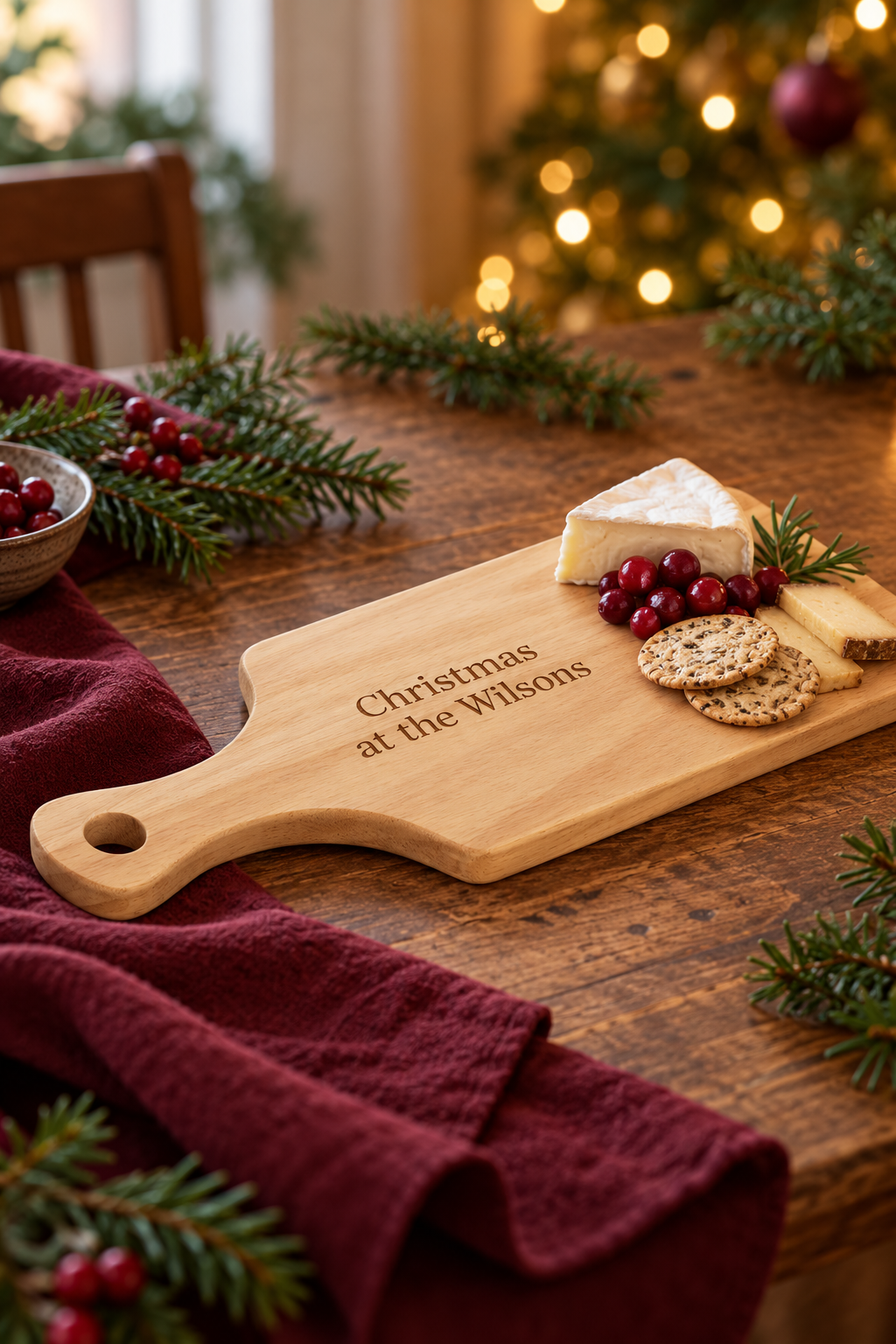 34 × 16cm rubberwood handled serving board engraved “Christmas at the Wilsons”, with cheese, crackers and red grapes on a festive table.